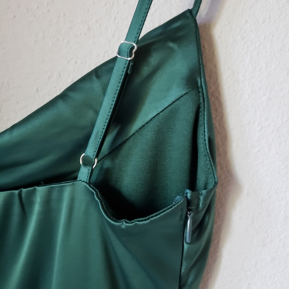 Emerald Green Spaghetti Strap Draped High Slit Tulip Skirt Satin Midi Dress - Picture 11 of 16